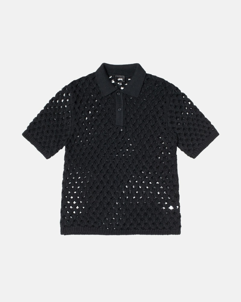 Black Stussy Big Mesh Polo Men\'s Sweaters | USA000818