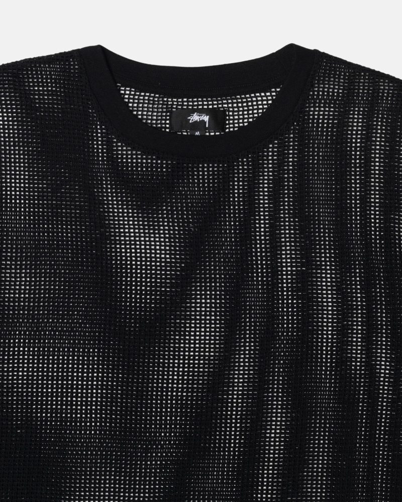 Black Stussy Cotton Mesh LS Crew Men's T Shirts | USA000140