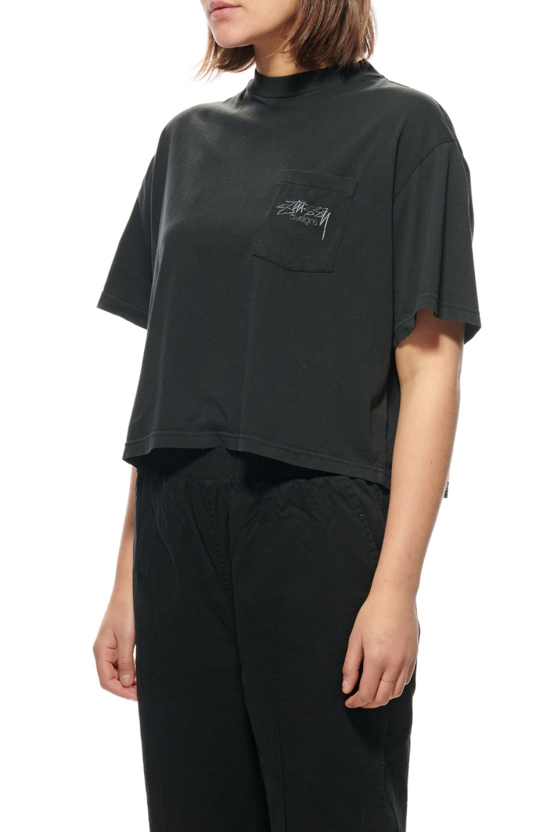 Black Stussy Designs Pocket Boxy Women's T Shirts | USA000153