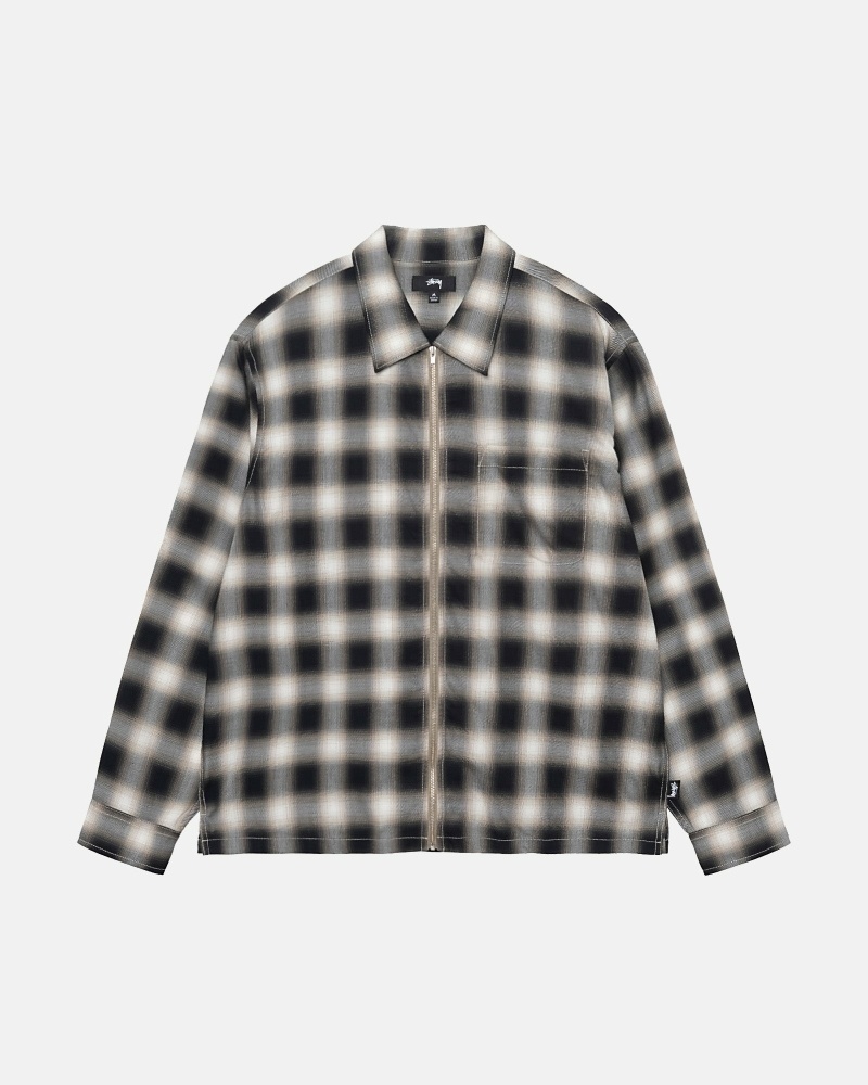 Black Stussy Eddie Plaid Zip Men\'s Shirts | USA000304