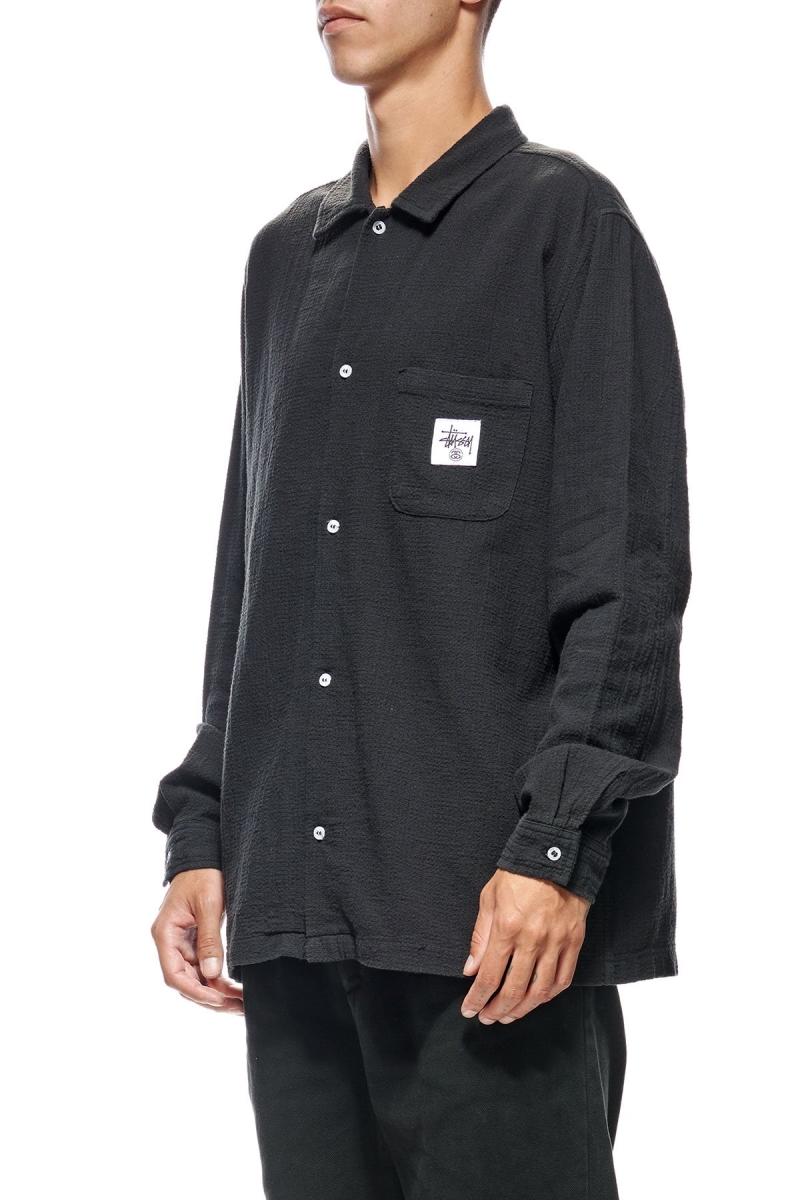 Black Stussy Grid Seersucker LS Men's Shirts | USA000309