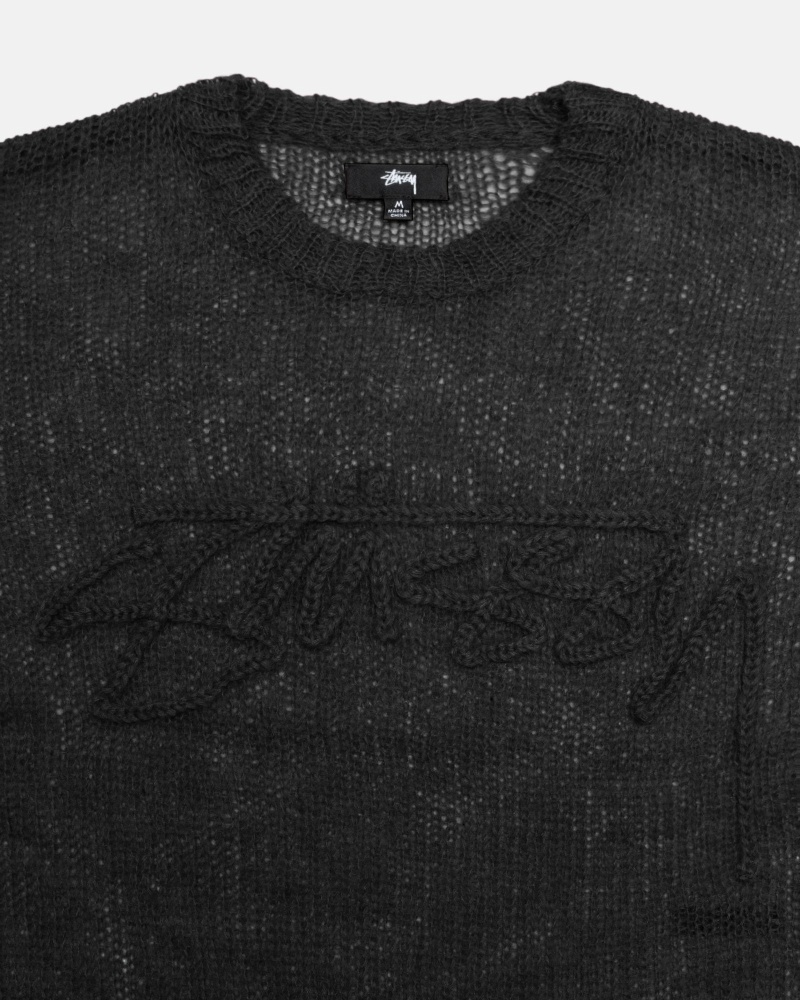 Black Stussy Loose Knit Logo Men's Knit Sweater | USA000535