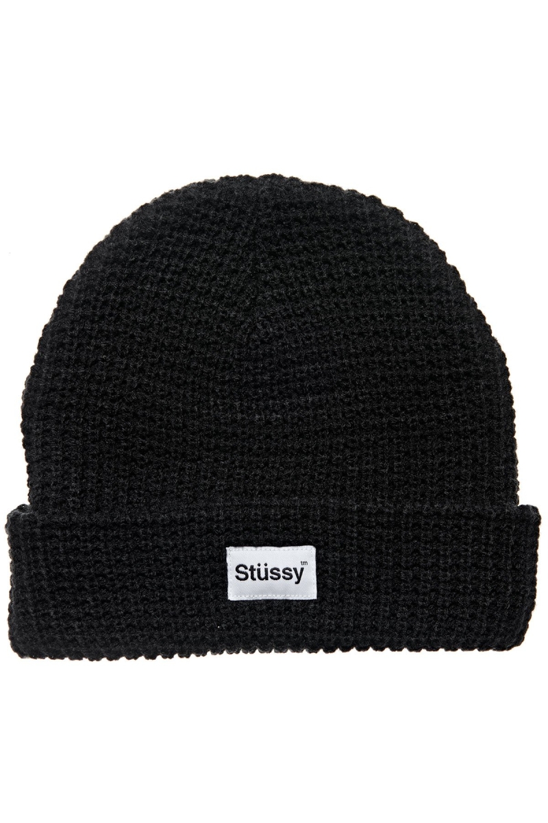 Black Stussy Trademark Waffle Beanie Men\'s Hats | USA000503