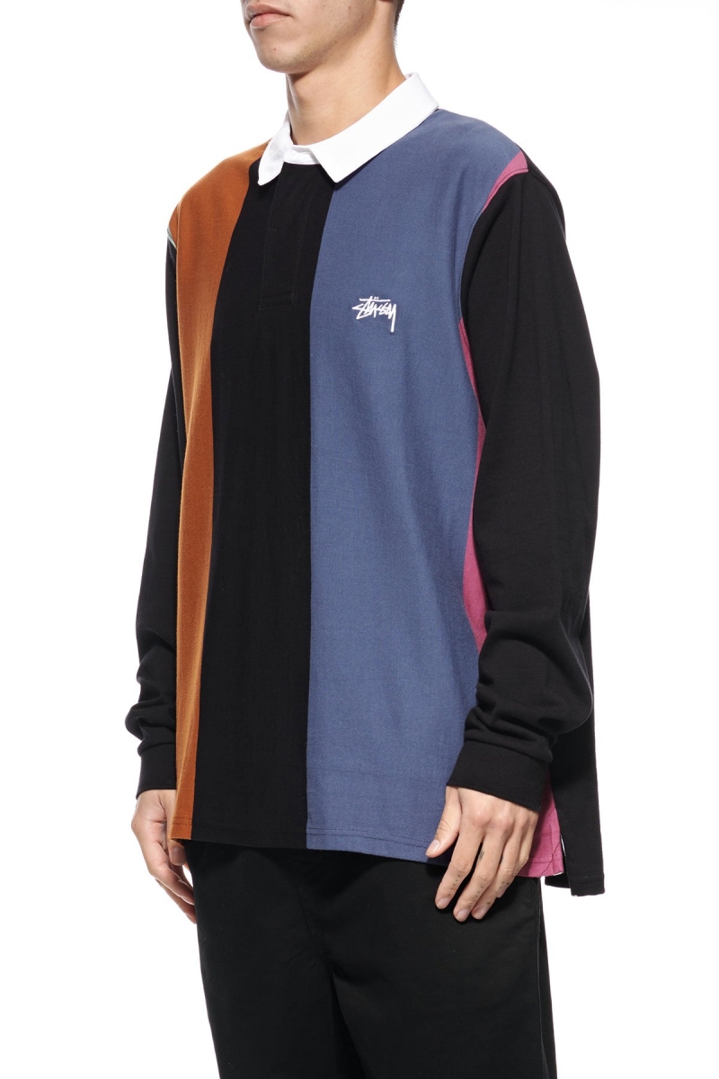 Black Stussy Vert Stripe LS Rugby Men's Sweatshirts | USA000960