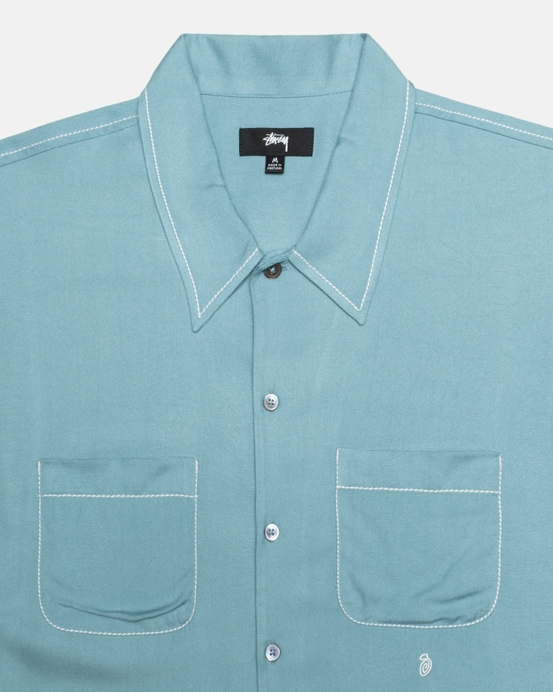 Blue Stussy Contrast Pick Stitched Men's Shirts | USA000300