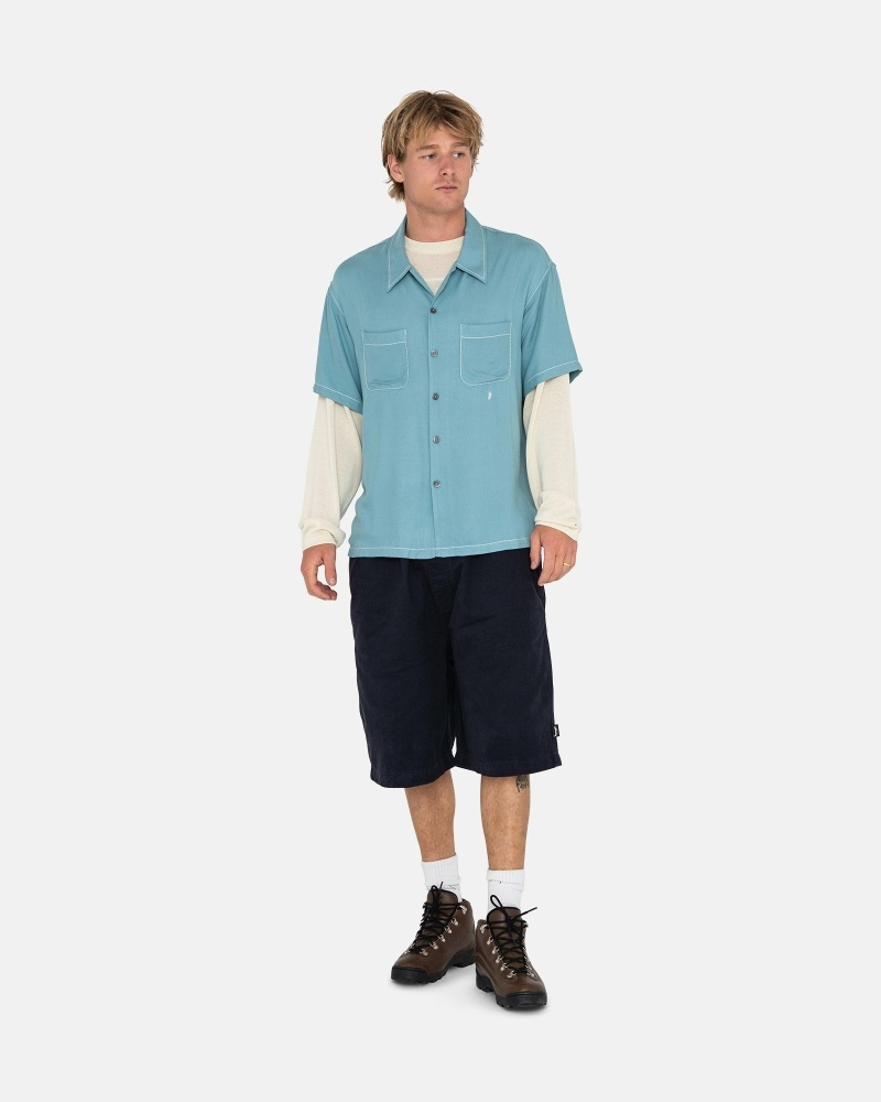 Blue Stussy Contrast Pick Stitched Men's Shirts | USA000300