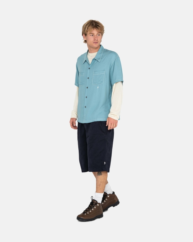 Blue Stussy Contrast Pick Stitched Men's Shirts | USA000300