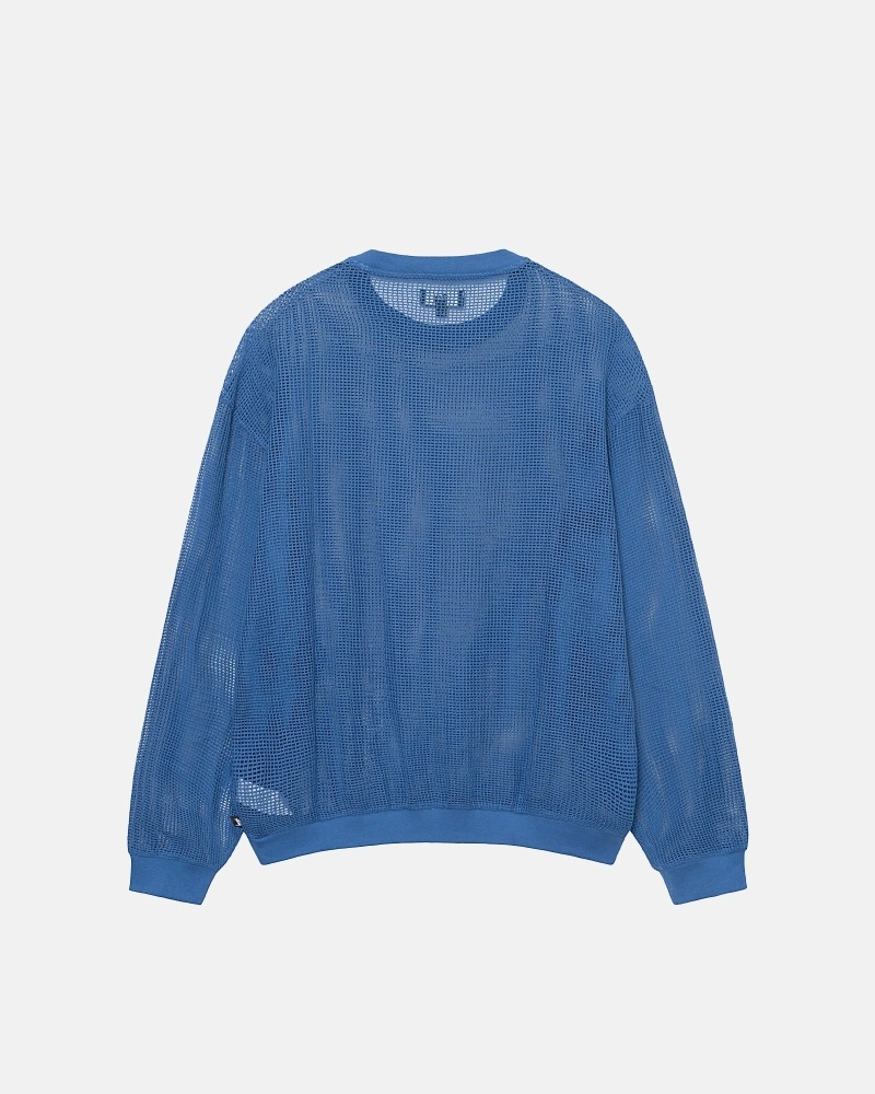 Blue Stussy Cotton Mesh LS Crew Men's T Shirts | USA000138