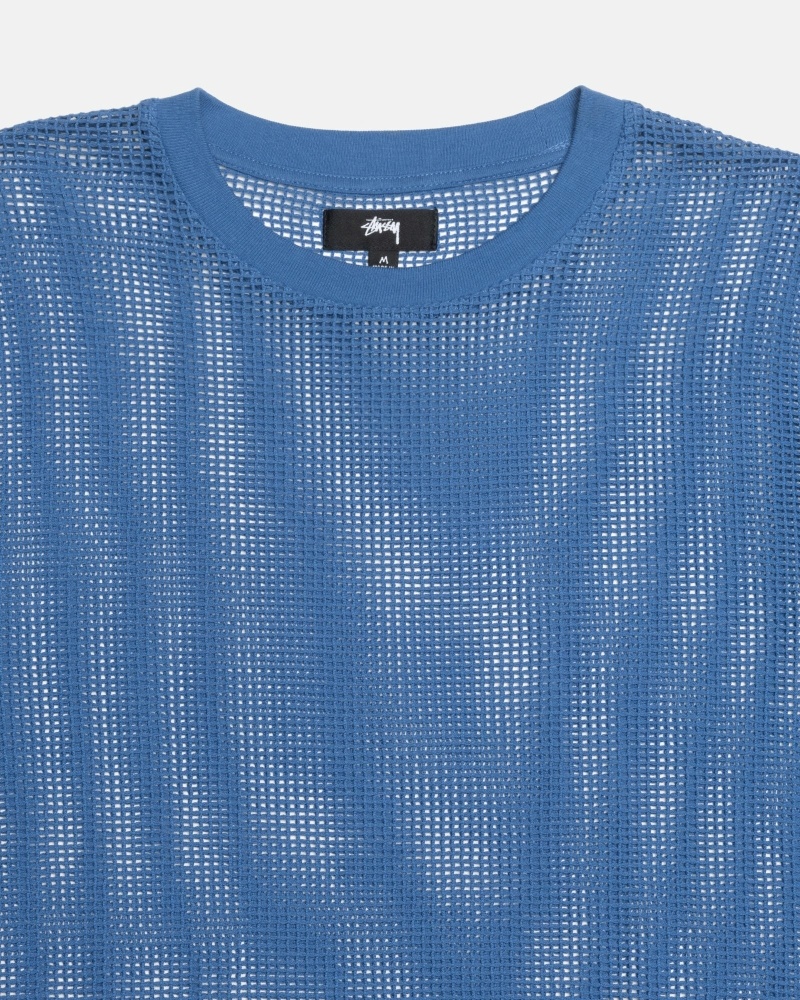 Blue Stussy Cotton Mesh LS Crew Men's T Shirts | USA000138