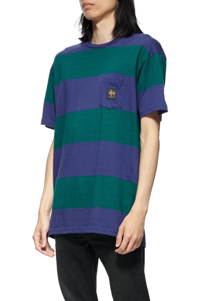 Blue Stussy View Stripe SS Pocket Men's T Shirts | USA000283