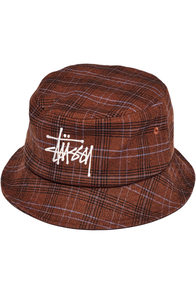 Brown Stussy Graffiti Check Bucket Men\'s Hats | USA000437