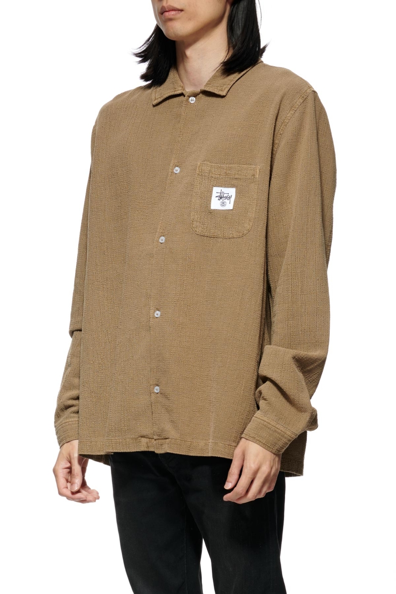 Brown Stussy Grid Seersucker LS Men's Shirts | USA000308