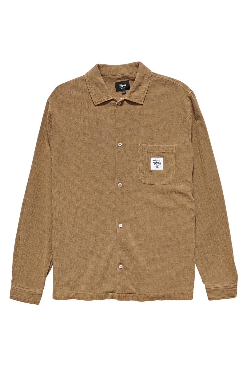 Brown Stussy Grid Seersucker LS Men\'s Shirts | USA000308