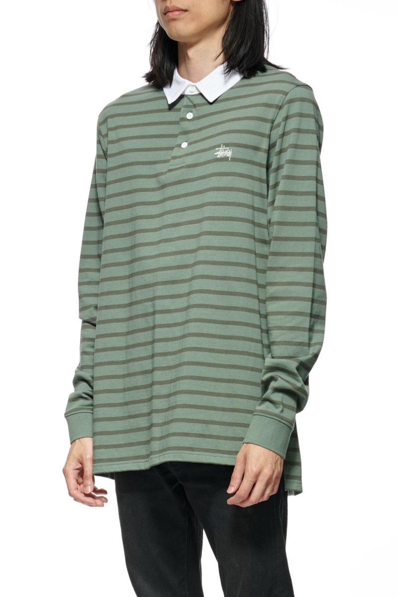 Green Stussy Plain Stripe LS Rugby Men's Shirts | USA000331