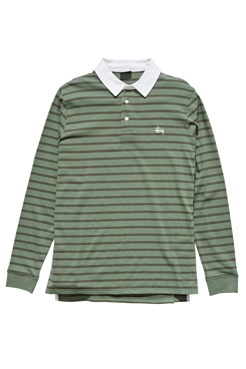 Green Stussy Plain Stripe LS Rugby Men\'s Shirts | USA000331