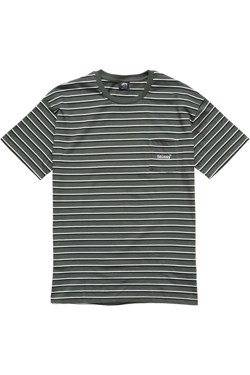 Green Stussy Text Pocket Stripe Men\'s T Shirts | USA000276