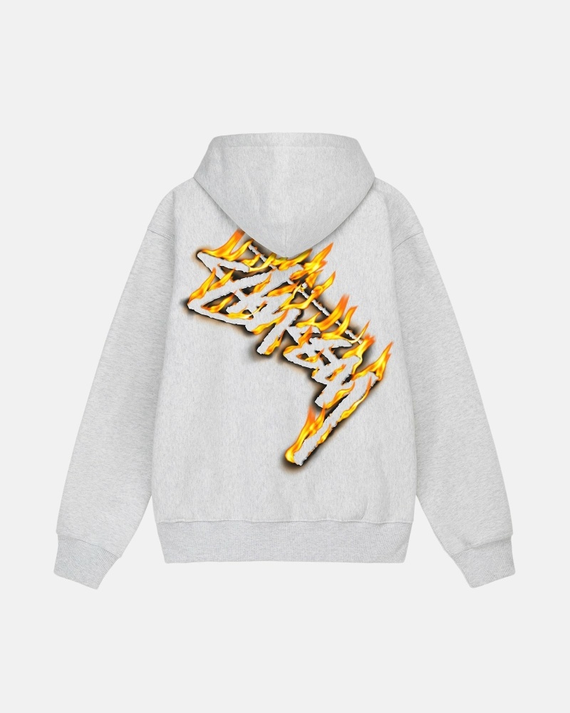 Grey Stussy Burning Stock Zip Men\'s Hoodies | USA000026