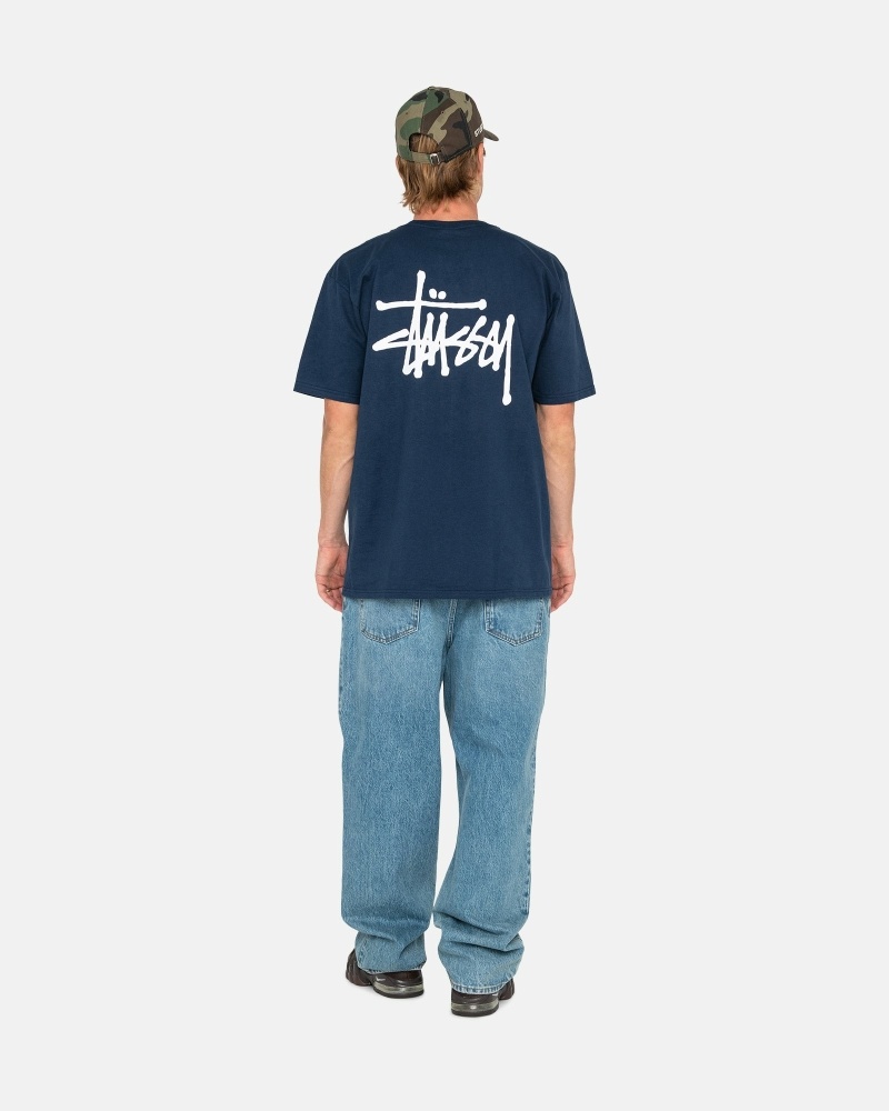 Navy Stussy Basic Men's T Shirts | USA000109