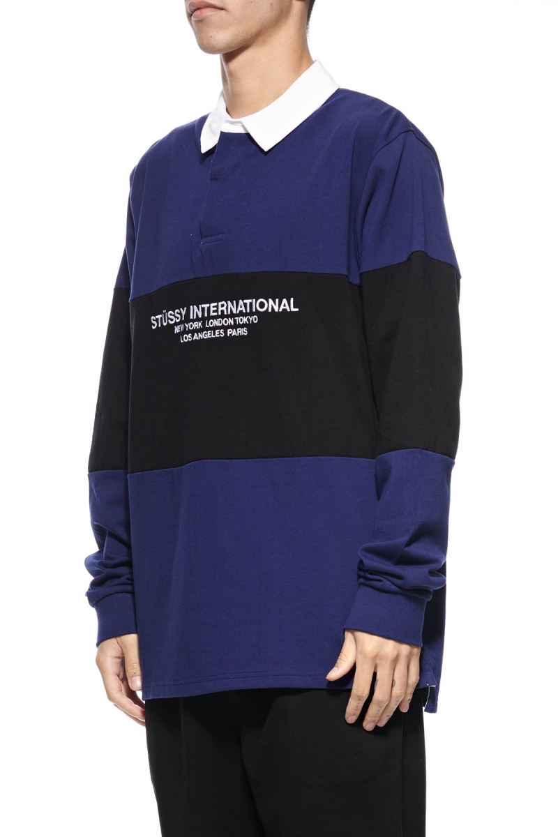 Navy Stussy Panel LS Rugby Men's Sweatshirts | USA000949