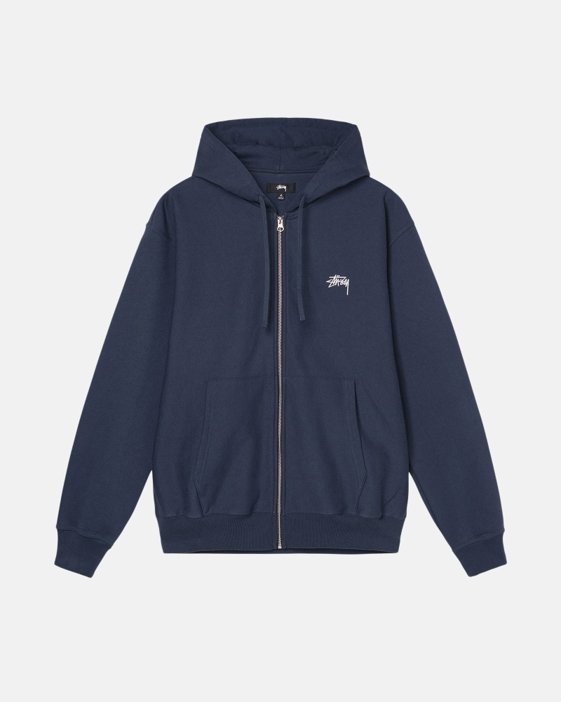 Navy Stussy Stock Logo Zip Men\'s Hoodies | USA000082