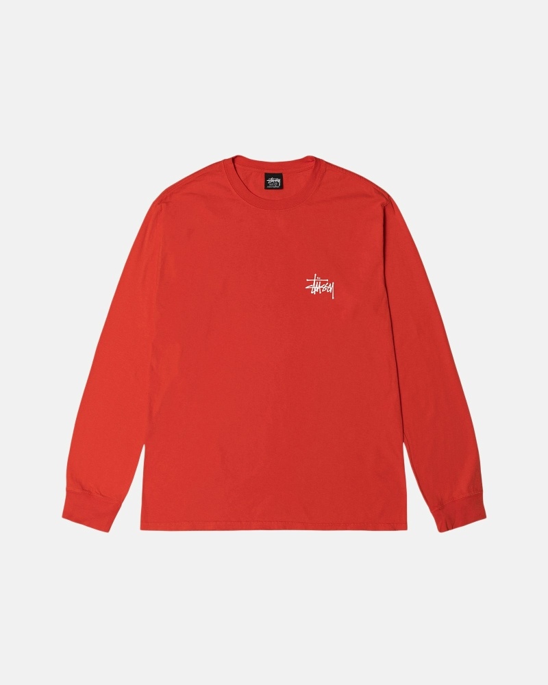 Red Stussy Basic Pigment Dyed Ls Men's T Shirts | USA000103