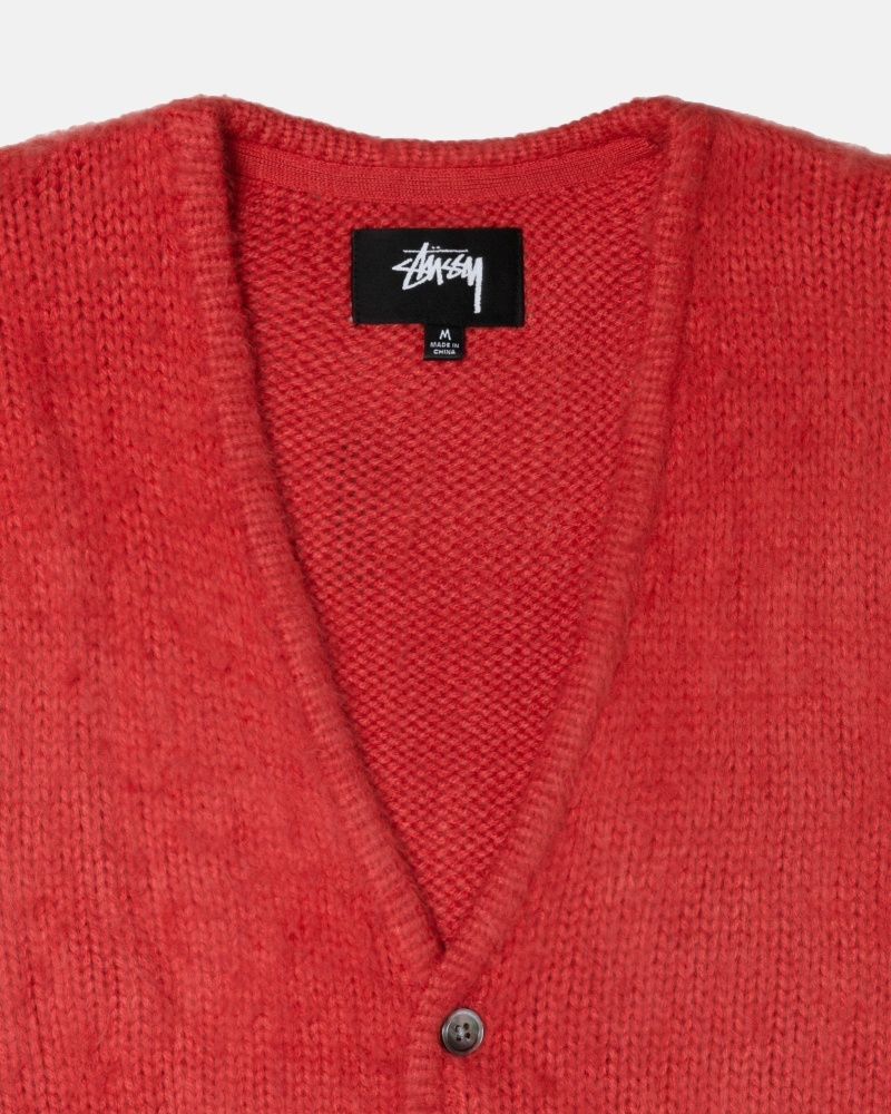 Red Stussy Brushed Cardigan Men's Knit Sweater | USA000529