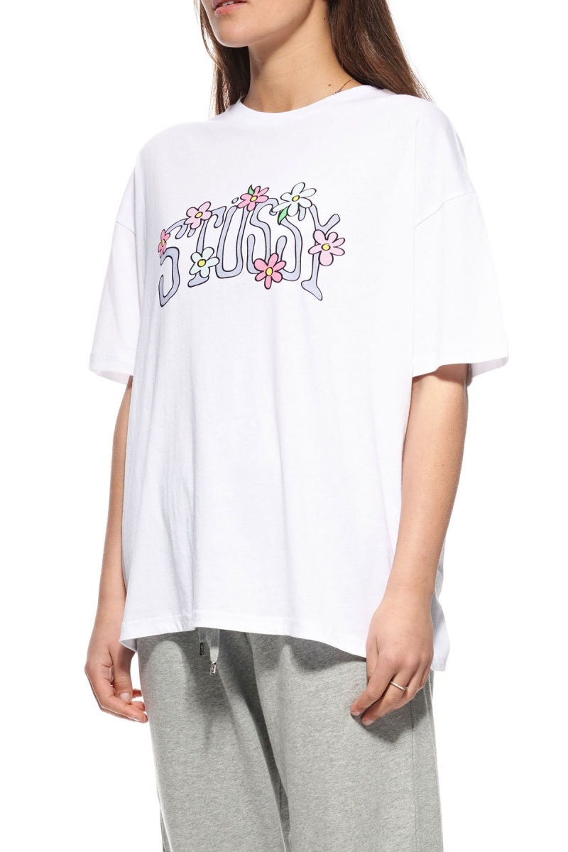 White Stussy Flowers Relaxed Women's T Shirts | USA000170