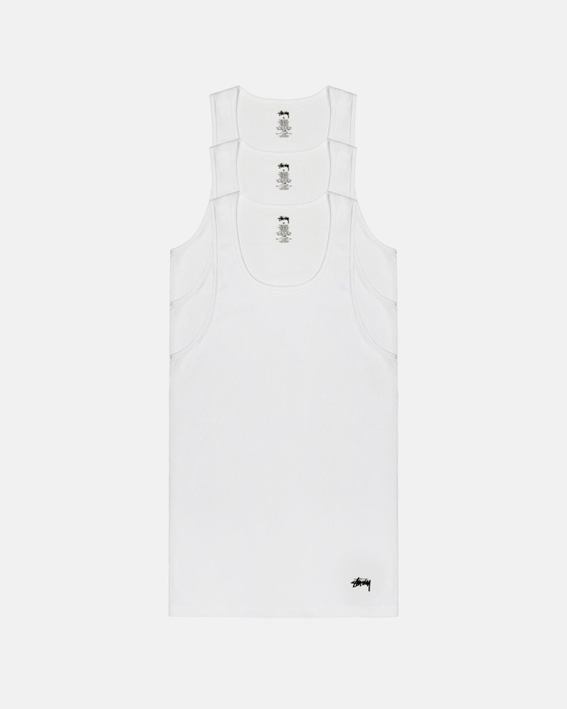 White Stussy Ribbed Tank - 3 Pack Men\'s Tanks | USA000968