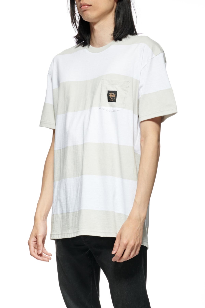 White Stussy View Stripe SS Pocket Men's T Shirts | USA000284