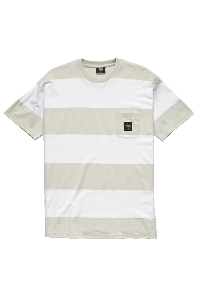 White Stussy View Stripe SS Pocket Men\'s T Shirts | USA000284