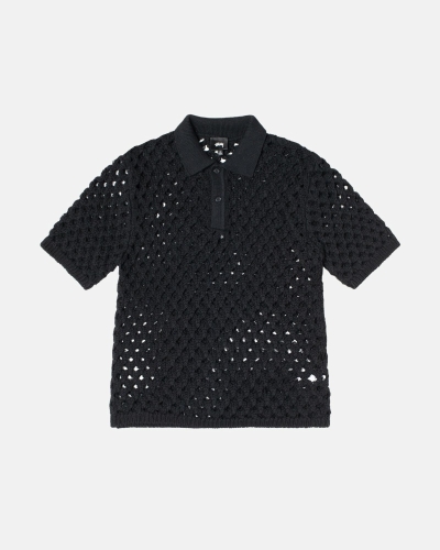 Black Stussy Big Mesh Polo Men's Sweaters | USA000818