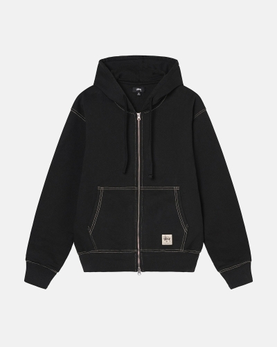 Black Stussy Double Face Label Zip Men's Hoodies | USA000039