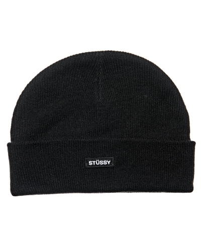 Black Stussy Logo Badge Cuff Beanie Men's Hats | USA000471