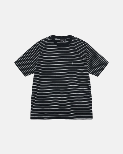 Black Stussy Pin Striped Ss Crew Men's T Shirts | USA000255