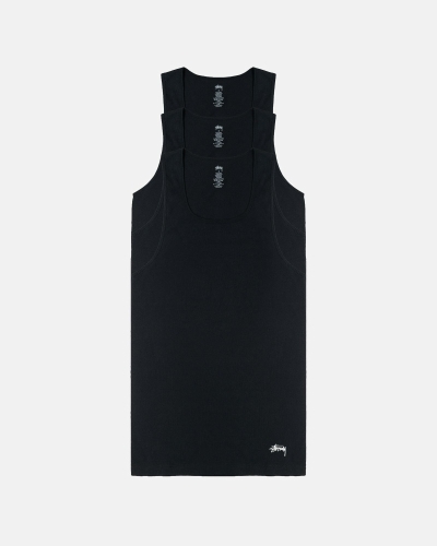 Black Stussy Ribbed Tank - 3 Pack Men's T Shirts | USA000260