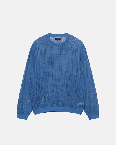 Blue Stussy Cotton Mesh LS Crew Men's T Shirts | USA000138