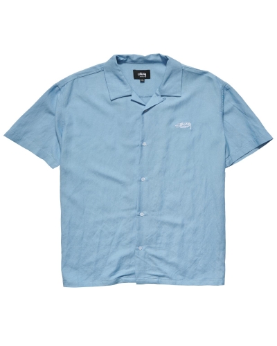 Blue Stussy Designs Linen SS Men's Shirts | USA000302