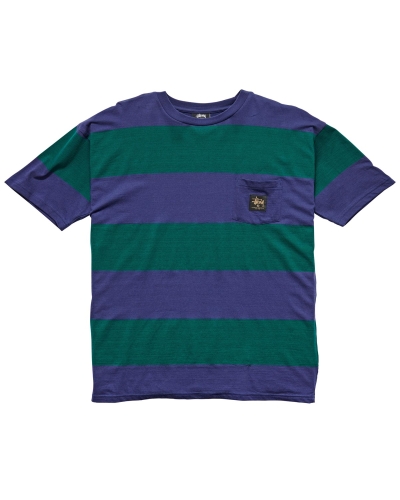 Blue Stussy View Stripe SS Pocket Men's T Shirts | USA000283