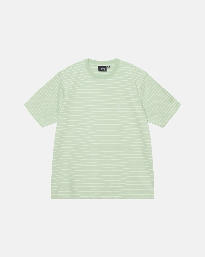 Green Stussy Pin Striped Ss Crew Men's T Shirts | USA000254