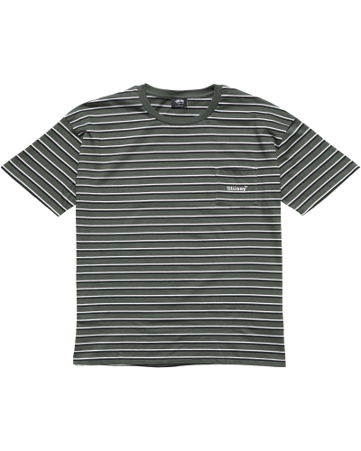 Green Stussy Text Pocket Stripe Men's T Shirts | USA000276