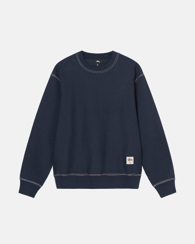 Navy Stussy Contrast Stitch Label Crew Men's Hoodies | USA000029