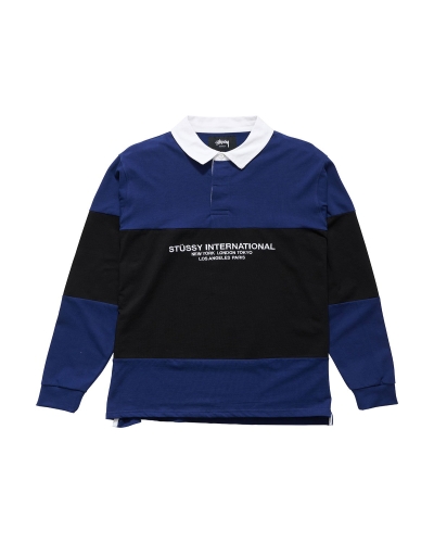 Navy Stussy Panel LS Rugby Men's Sweatshirts | USA000949