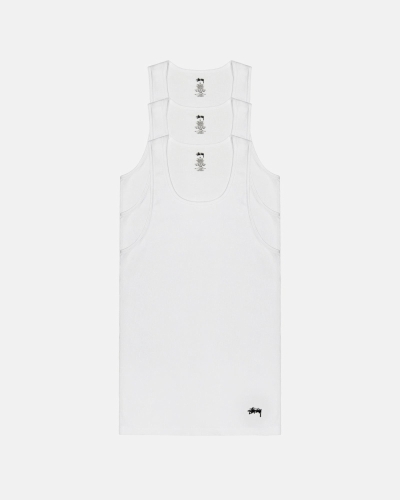 White Stussy Ribbed Tank - 3 Pack Men's T Shirts | USA000259