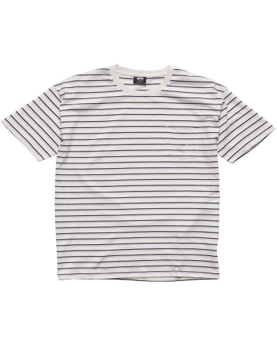 White Stussy Text Pocket Stripe Men's T Shirts | USA000277