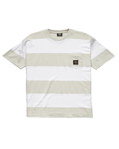 White Stussy View Stripe SS Pocket Men's T Shirts | USA000284